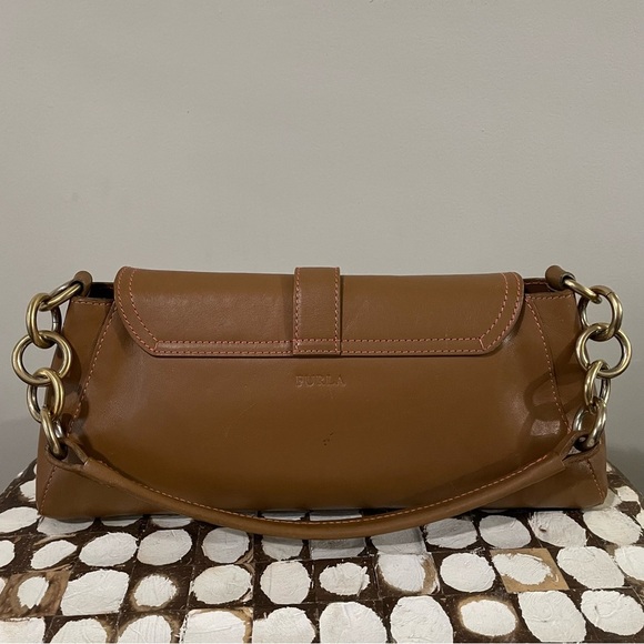 Furla Brown Leather Small Shoulder Bag Gold Hardware Classic Italian Y2K - Picture 3 of 12